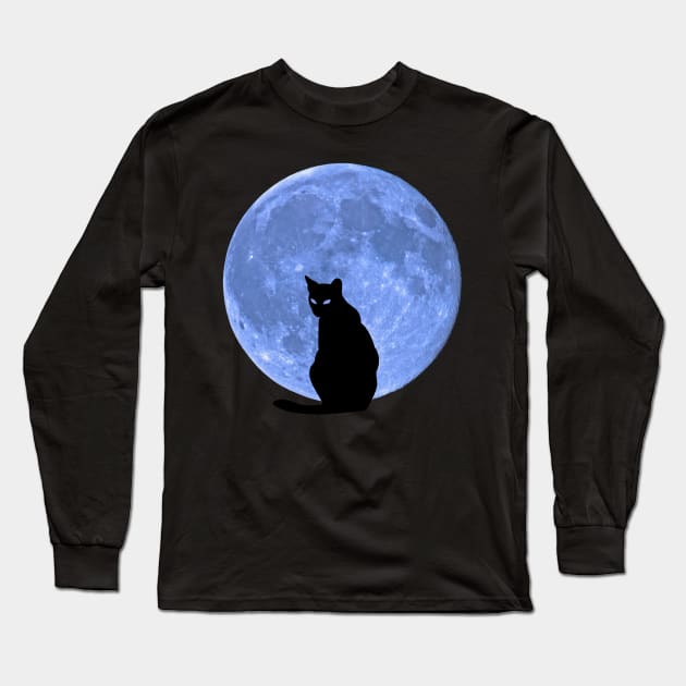 Black Cat Blue Moon Long Sleeve T-Shirt by ElTeko